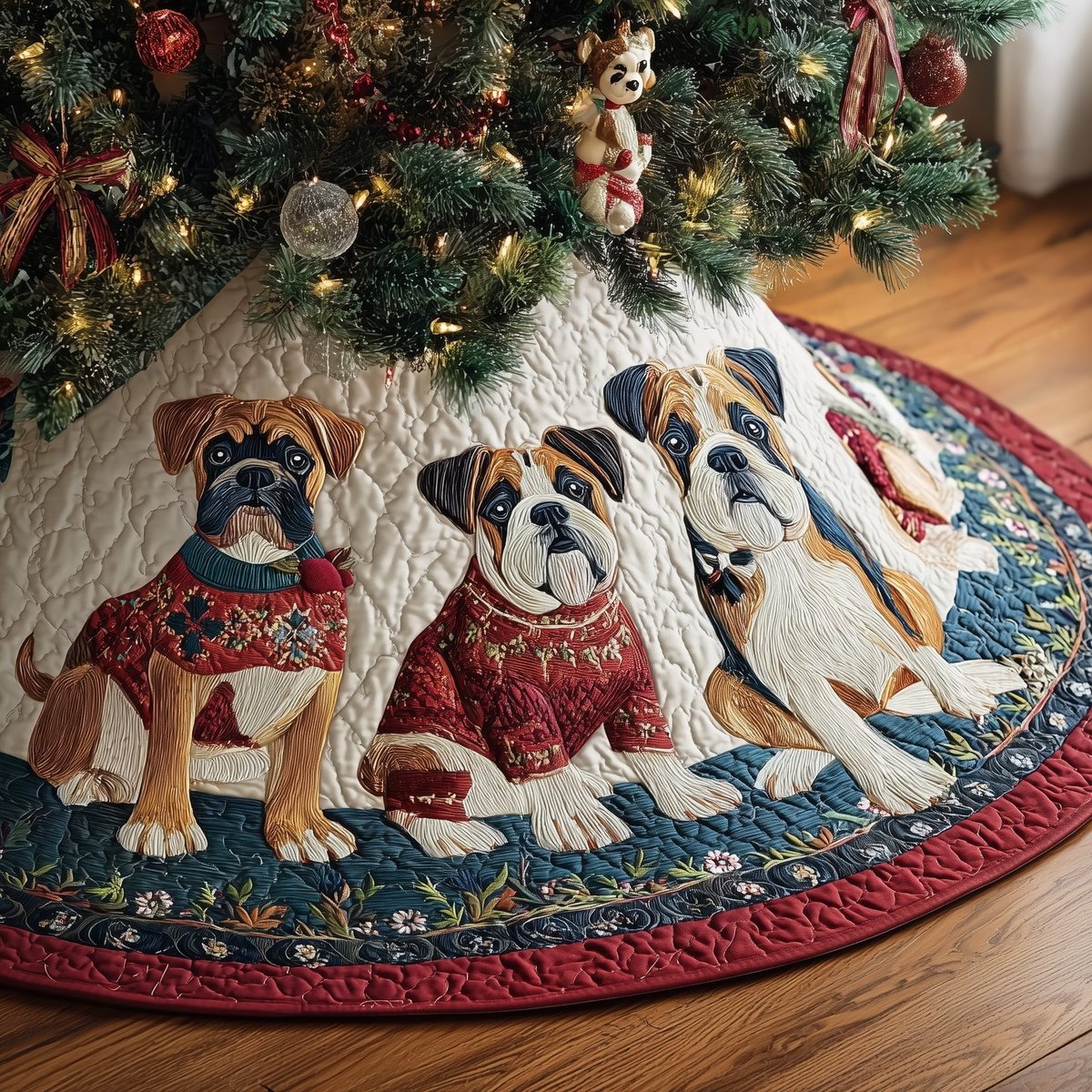 Boxers on Red and Blue Patchwork Christmas Tree Skirt - Made to Order TREEK101