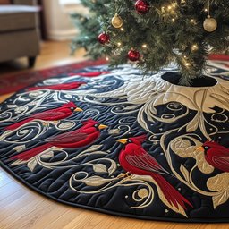 Cardinals on Black and White Swirls Christmas Tree Skirt - Made to Order TREEK101