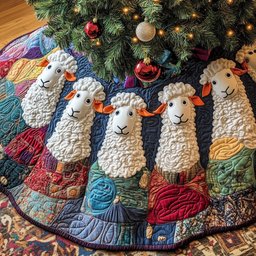White Sheep on Blue and Red Patchwork Christmas Tree Skirt - Made to Order TREEK101