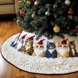 Cats in Santa Hats on White Swirls Christmas Tree Skirt - Made to Order TREEK101