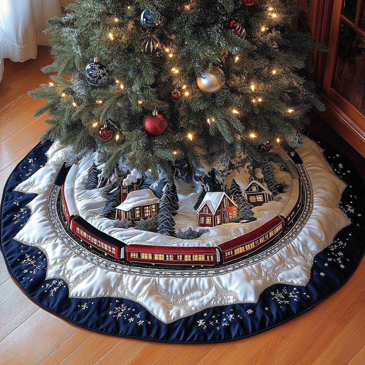 Train Circling the Snowy Village Christmas Tree Skirt - Made to Order TREEK101