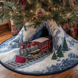 Red Train in the Ice Cave Christmas Tree Skirt - Made to Order TREEK101