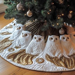 White Owls on Cream with Gold Christmas Tree Skirt - Made to Order TREEK101