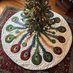 Peacock Feathers on White with Red Eyes Christmas Tree Skirt - Made to Order TREEK101