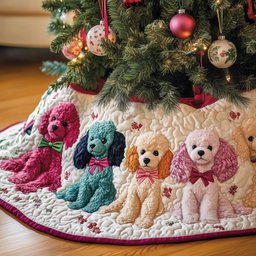 Pink and Teal Poodles on White Christmas Tree Skirt - Made to Order TREEK101