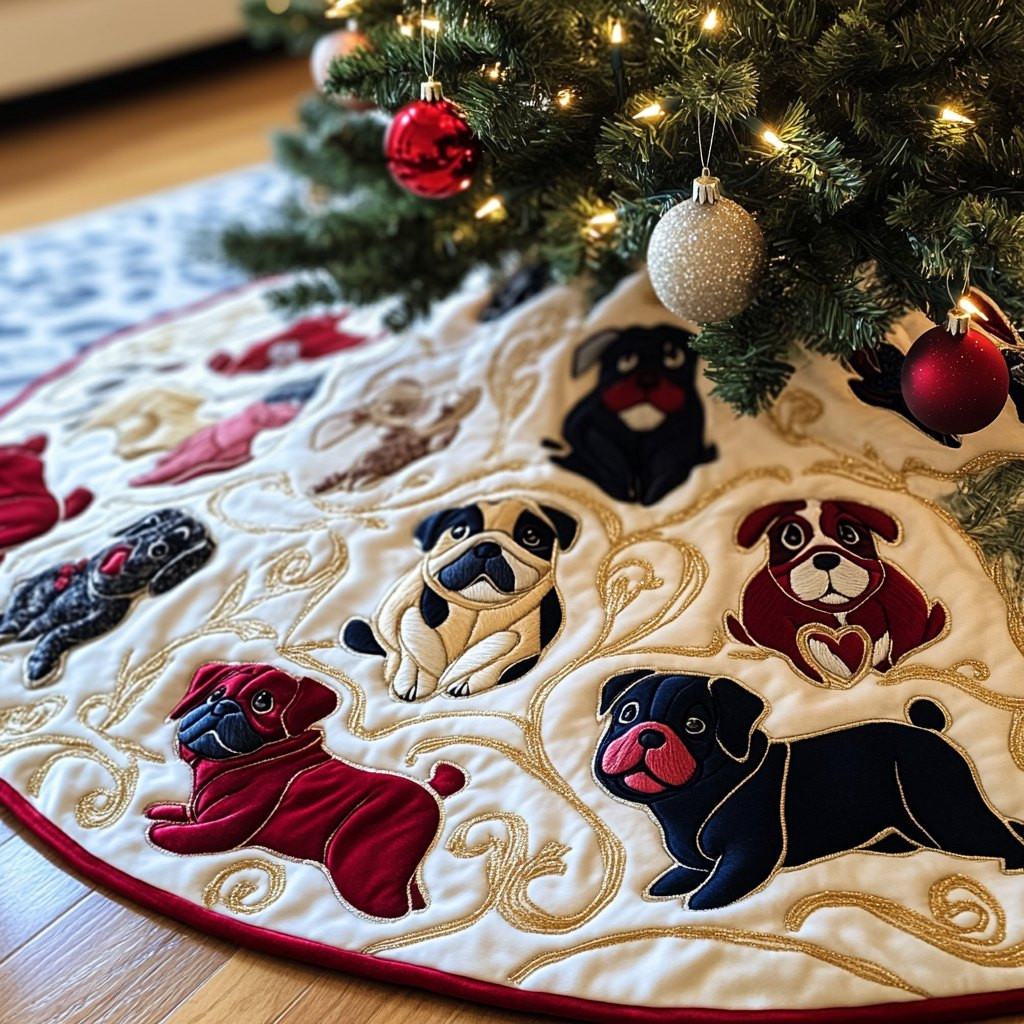 Black and Fawn Pugs on Cream Christmas Tree Skirt - Made to Order TREEK101
