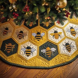Bees on Golden Honeycomb Christmas Tree Skirt - Made to Order TREEK101