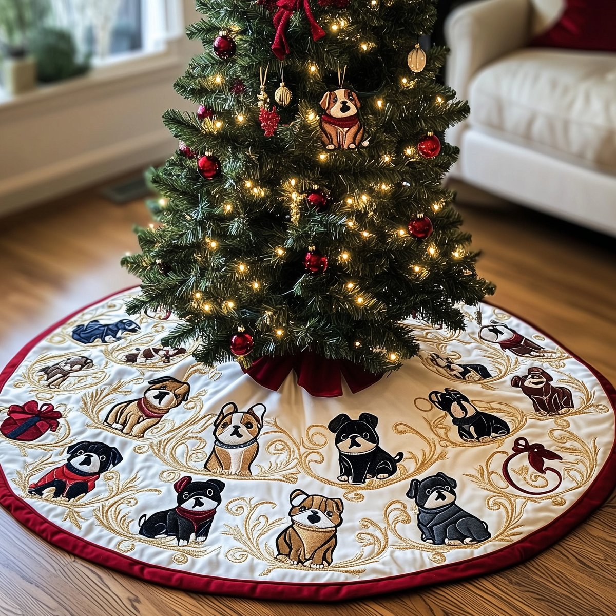 Bulldogs on Cream with Red Border Christmas Tree Skirt - Made to Order TREEK101
