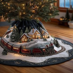 Night Village with a Red Train Christmas Tree Skirt - Made to Order TREEK101