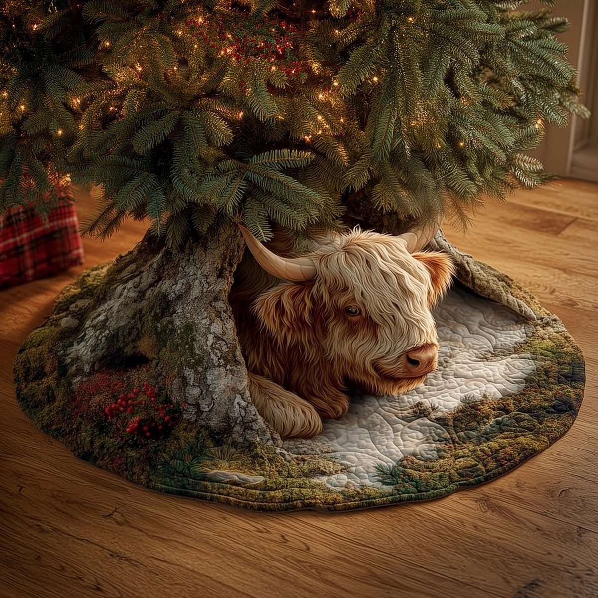 Highland Cow Lying in the Snow Christmas Tree Skirt - Made to Order TREEK101