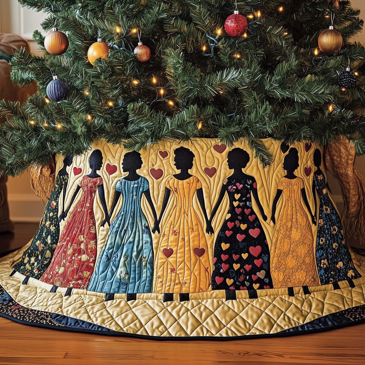 Women in Blue and Pink Gowns Christmas Tree Skirt - Made to Order TREEK101