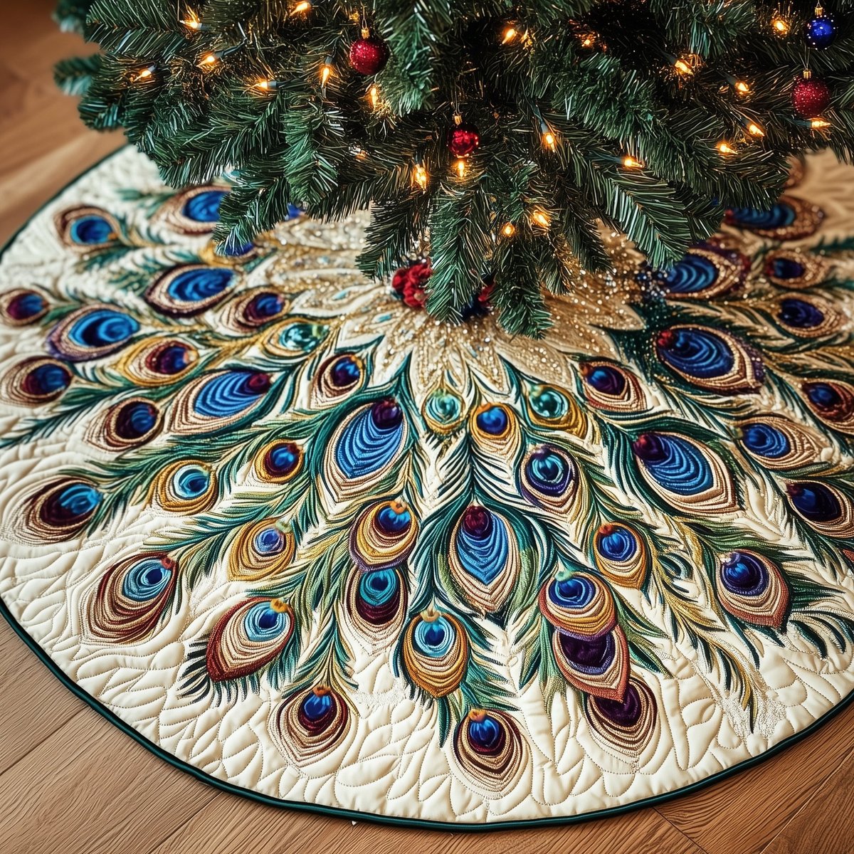 Layered Peacock Plumes in Teal Christmas Tree Skirt - Made to Order TREEK101