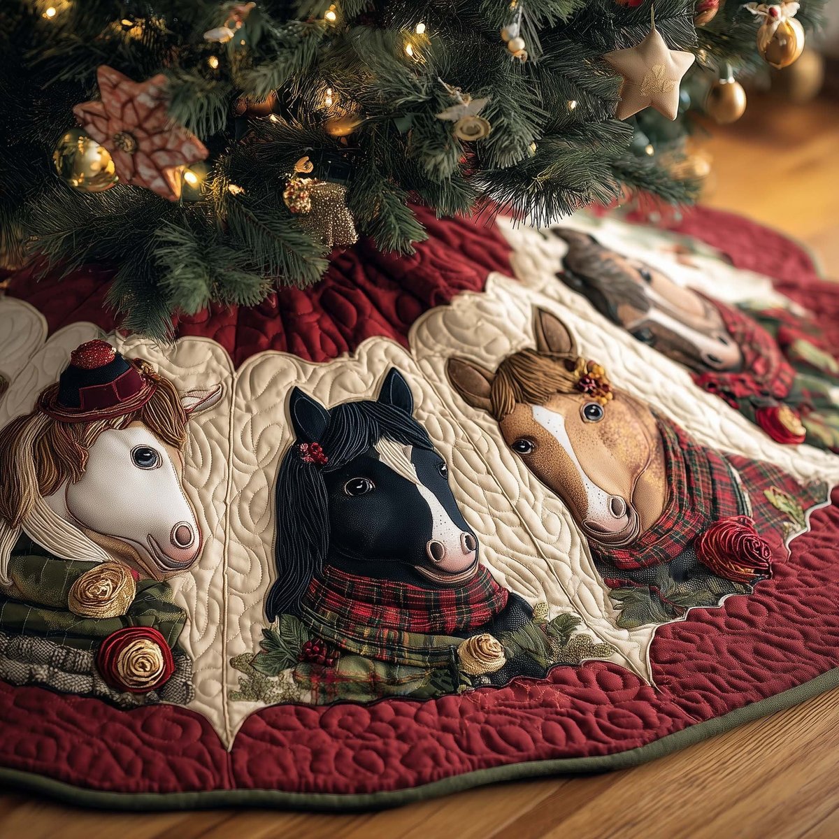 Horses in Plaid Scarves on Cream Christmas Tree Skirt - Made to Order TREEK101