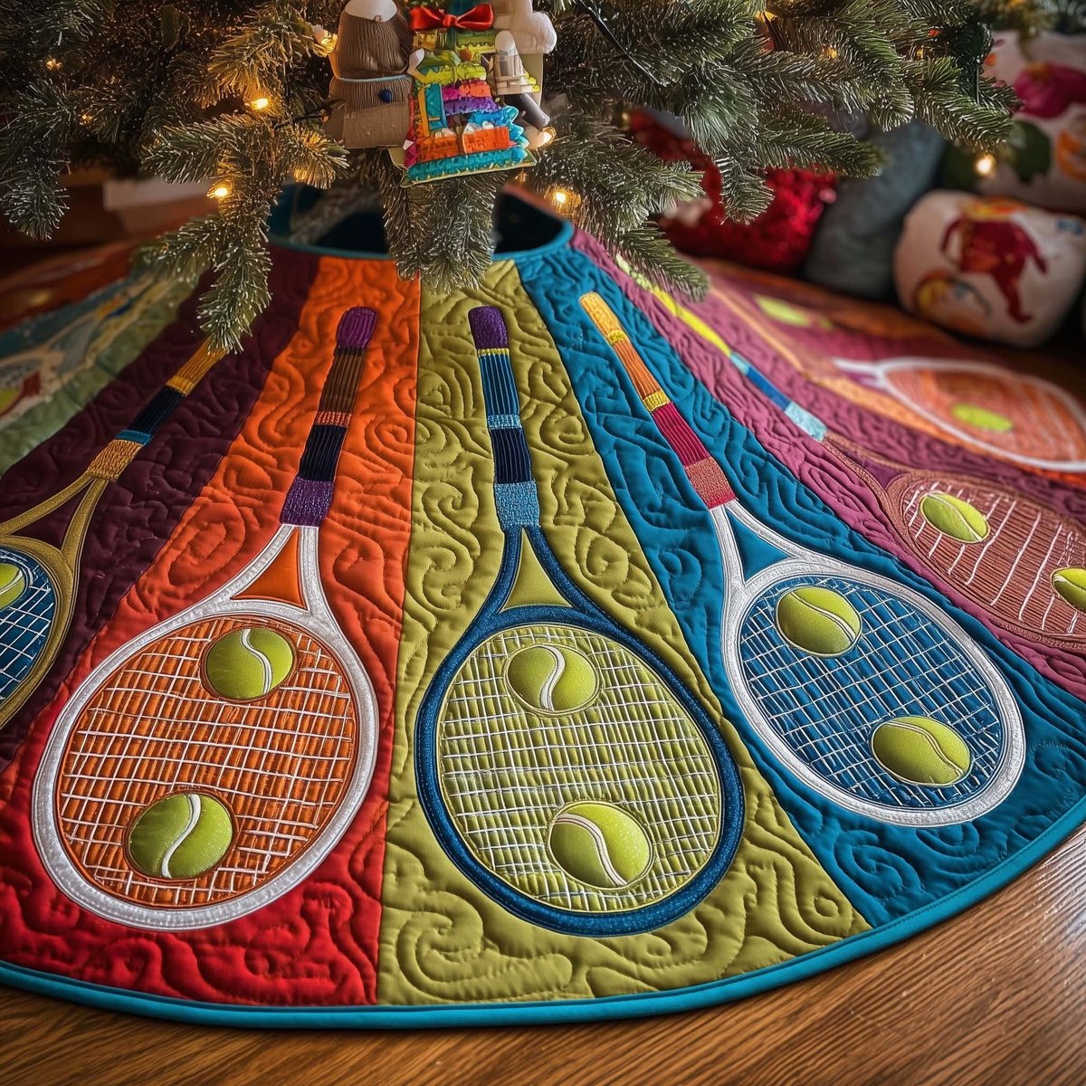 Tennis Rackets on Bright Color Panels Christmas Tree Skirt - Made to Order TREEK101