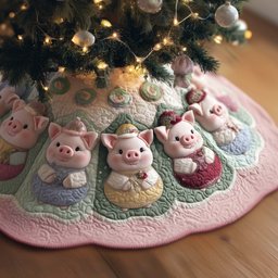 Pigs in Bonnets on Pink Quilt Christmas Tree Skirt - Made to Order TREEK101