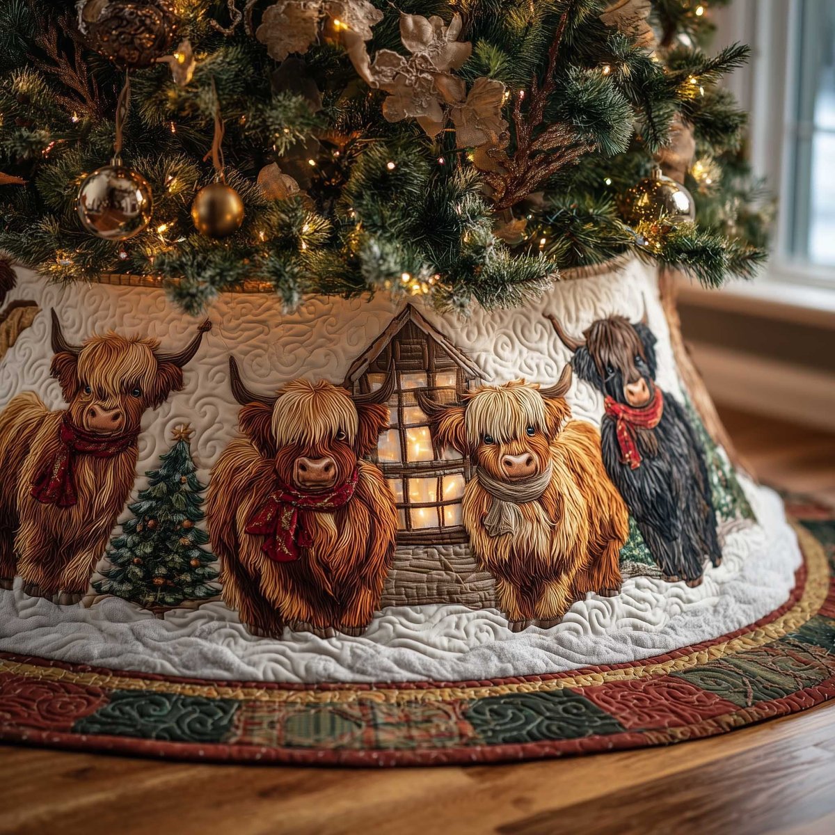 Highland Cows by the Cottage Christmas Tree Skirt - Made to Order TREEK101