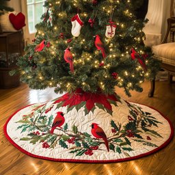 Cardinals with the Red Scalloped Edge Christmas Tree Skirt - Made to Order TREEK101
