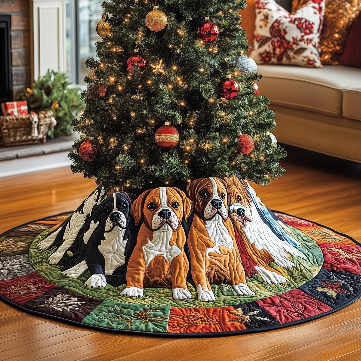 Boxers on Green Patchwork Quilt Christmas Tree Skirt - Made to Order TREEK101