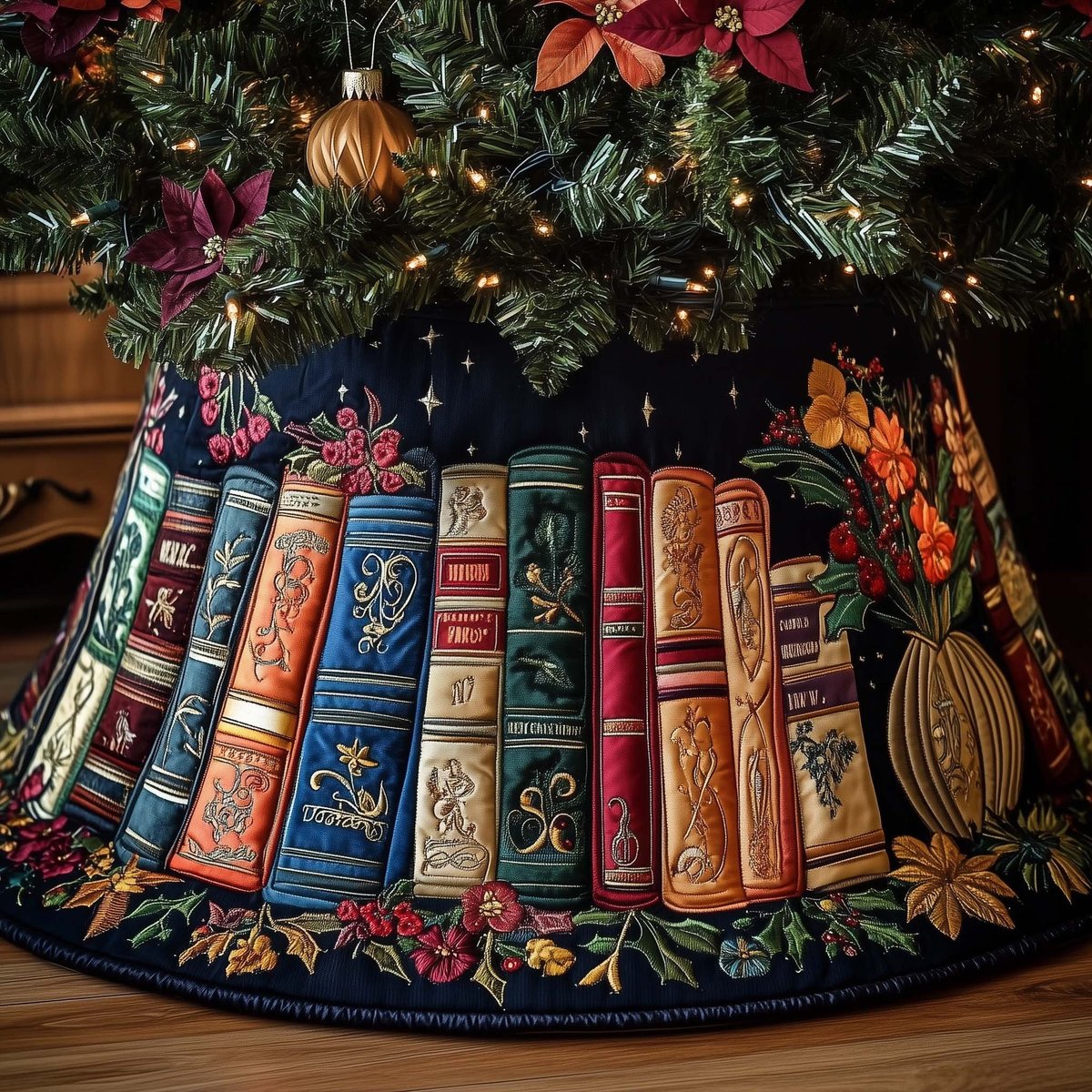 Books with Autumn Blooms on Navy Christmas Tree Skirt - Made to Order TREEK101