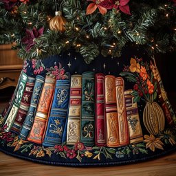 Books with Autumn Blooms on Navy Christmas Tree Skirt - Made to Order TREEK101