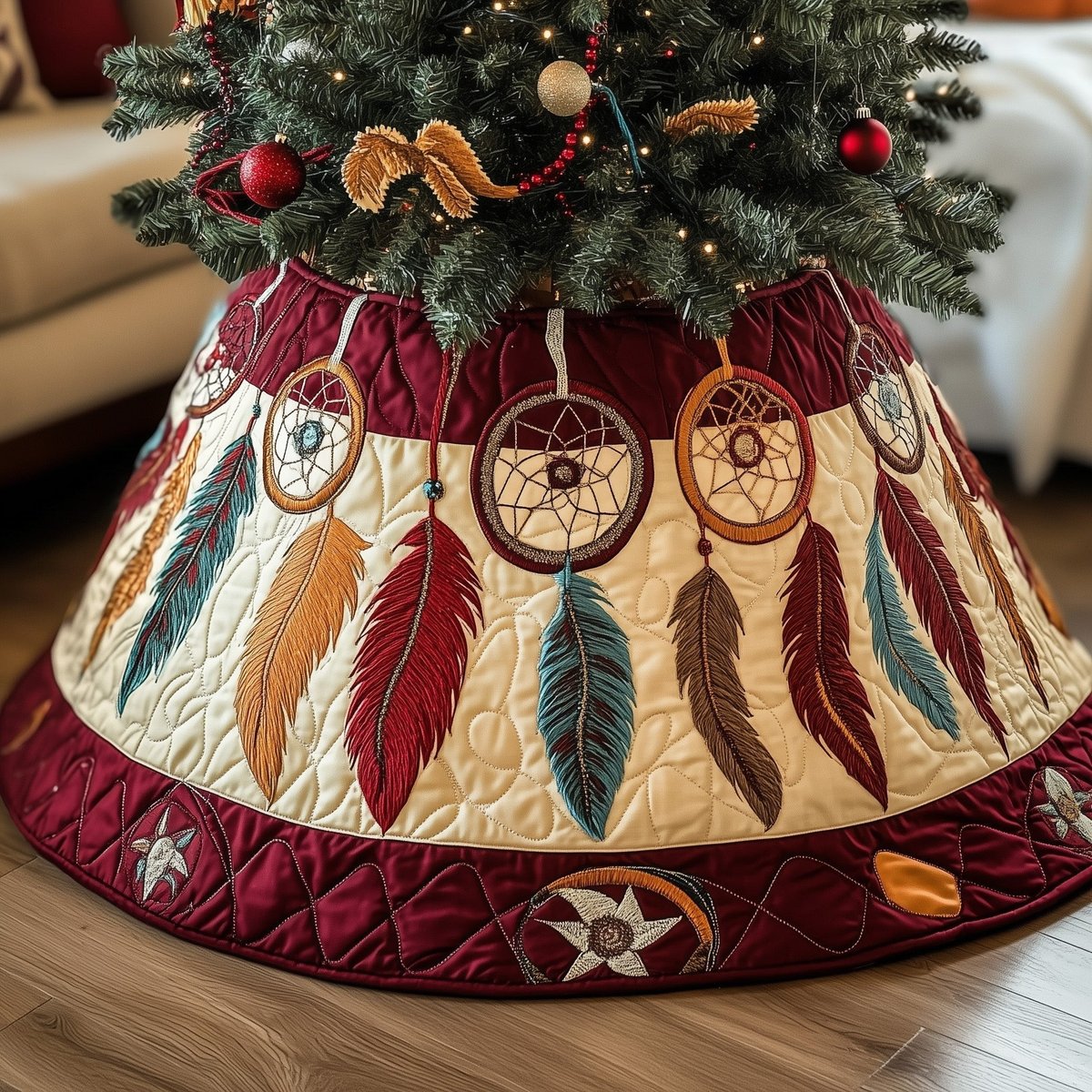 Dreamcatchers with Burgundy Border Christmas Tree Skirt - Made to Order TREEK101