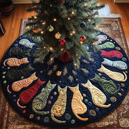 Cats on Navy and Red Wedges Christmas Tree Skirt - Made to Order TREEK101