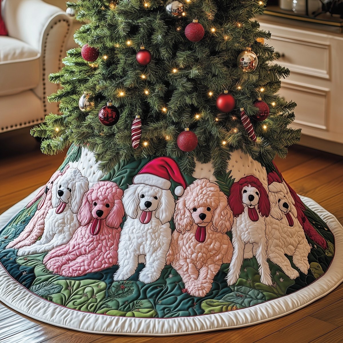 Poodles in Santa Hats Pink and White Christmas Tree Skirt - Made to Order TREEK101