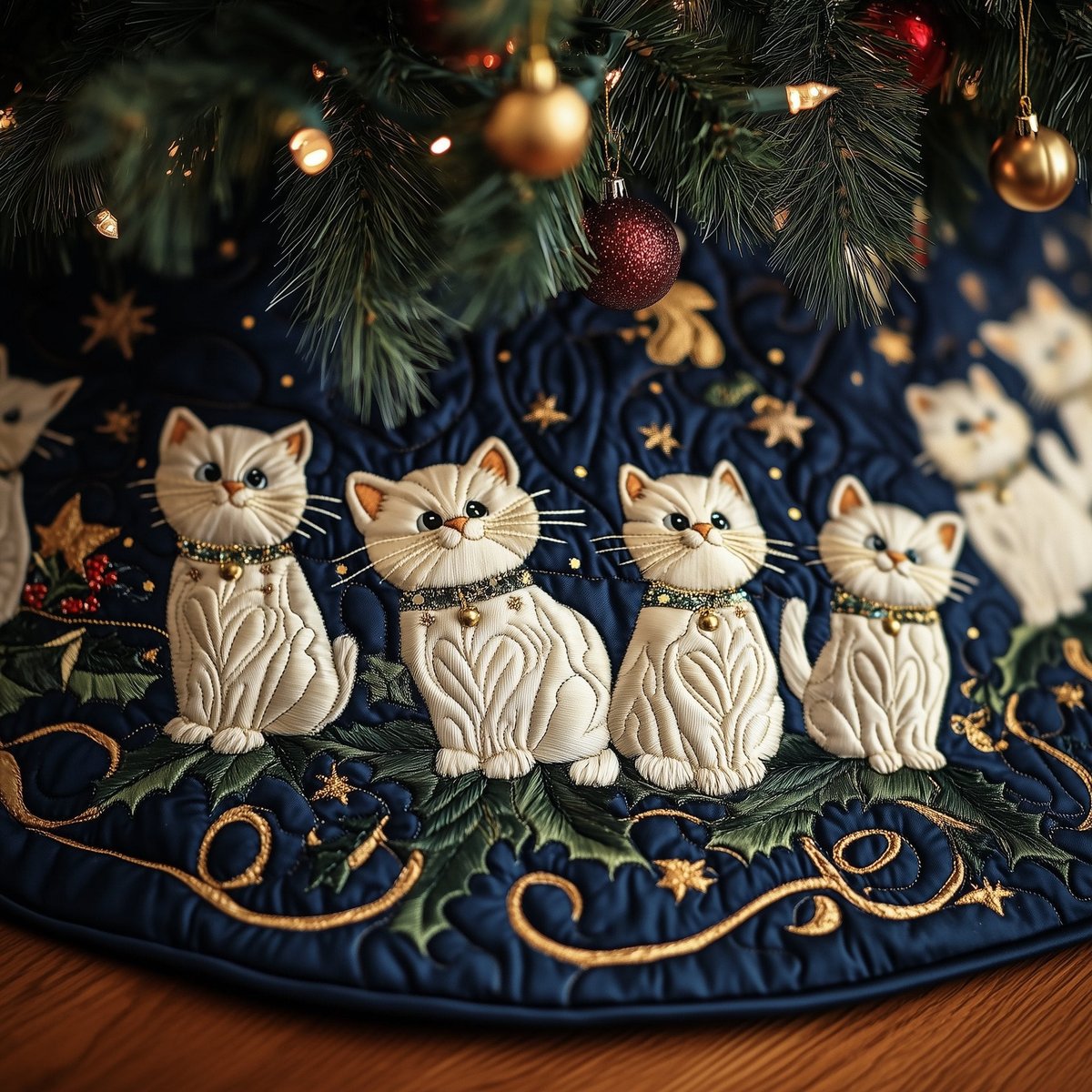 Cream Cats on Navy with Gold Scrolls Christmas Tree Skirt - Made to Order TREEK101