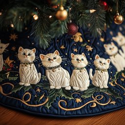 Cream Cats on Navy with Gold Scrolls Christmas Tree Skirt - Made to Order TREEK101
