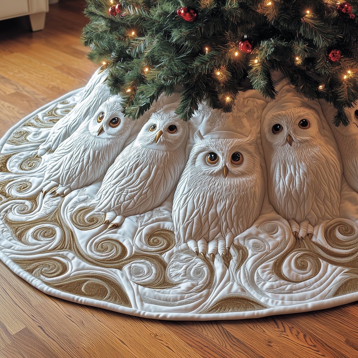 White Owls on Ivory Swirls Christmas Tree Skirt - Made to Order TREEK101