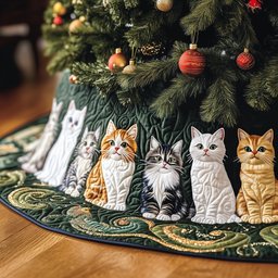 Fluffy Cats on Green with Gold Scrolls Christmas Tree Skirt - Made to Order TREEK101