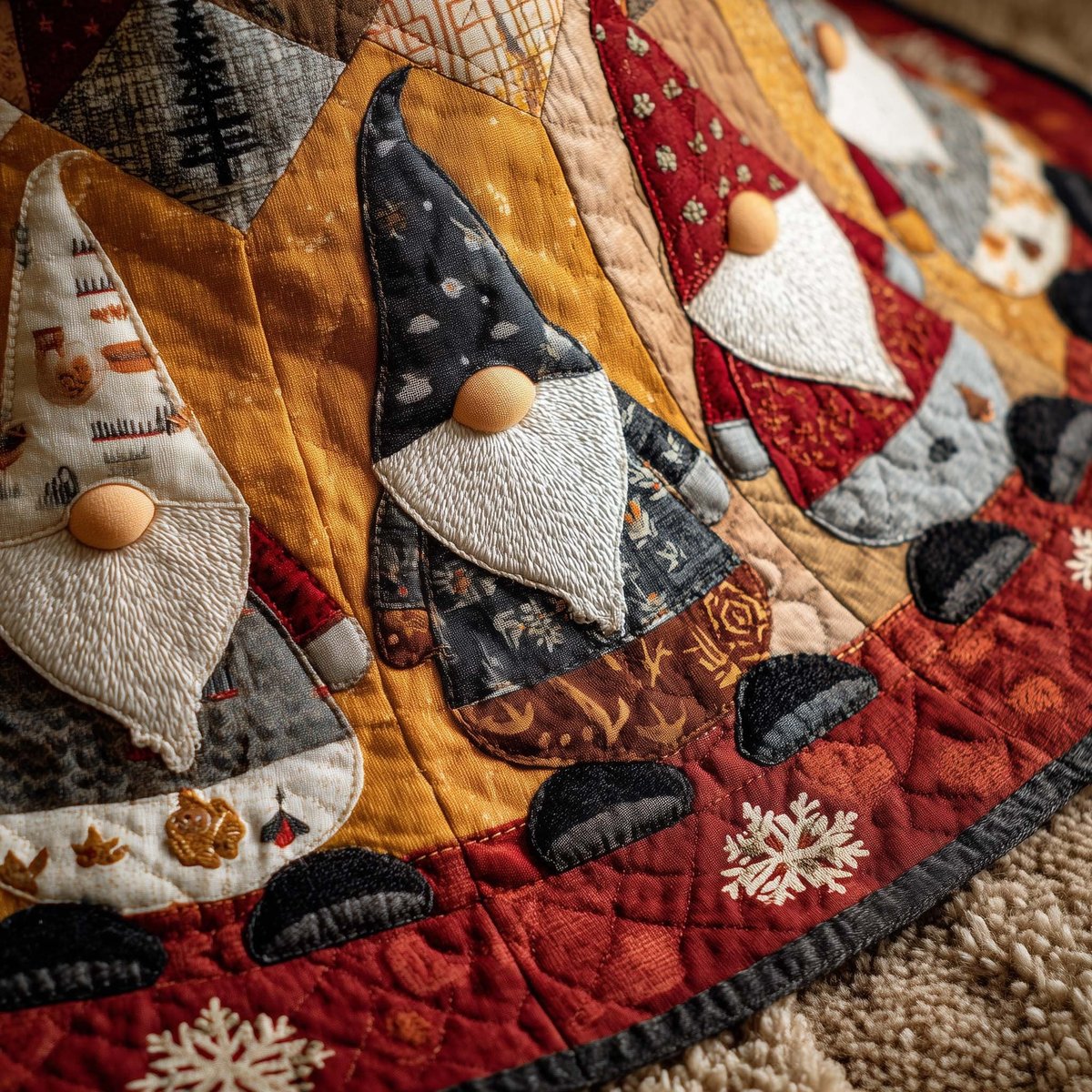 Gnomes in Grey and Gold Winter Coats Christmas Tree Skirt - Made to Order TREEK101