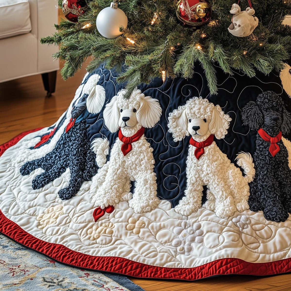 White Poodles on Navy Red Rim Christmas Tree Skirt - Made to Order TREEK101