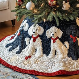 White Poodles on Navy Red Rim Christmas Tree Skirt - Made to Order TREEK101
