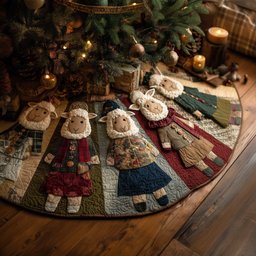 Sheep in Country Dresses on Patchwork Christmas Tree Skirt - Made to Order TREEK101
