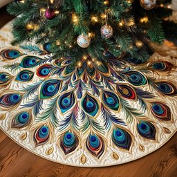 Dense Blue Green Peacock Fan Christmas Tree Skirt - Made to Order TREEK101