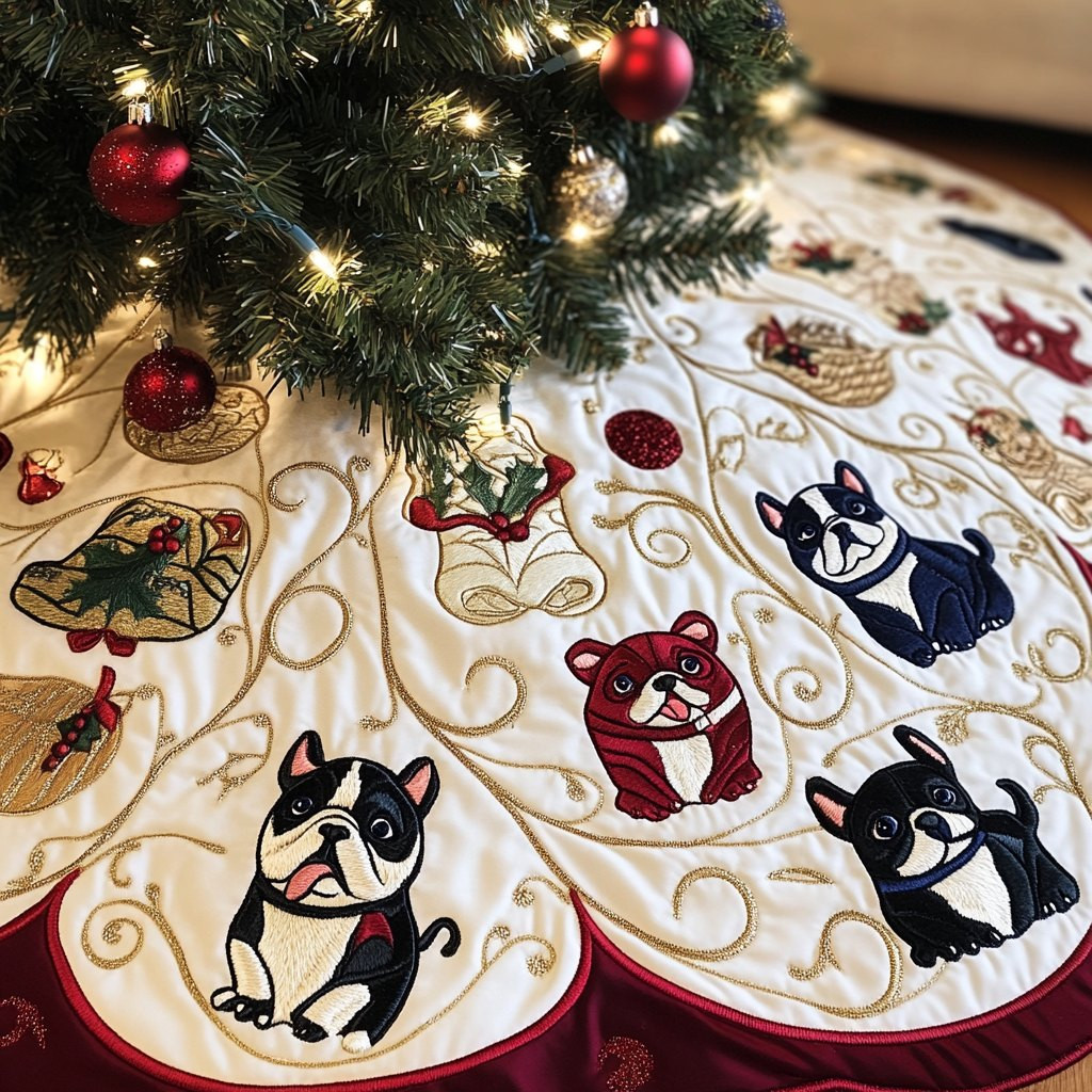 French Bulldogs in Gold Medallions Christmas Tree Skirt - Made to Order TREEK101