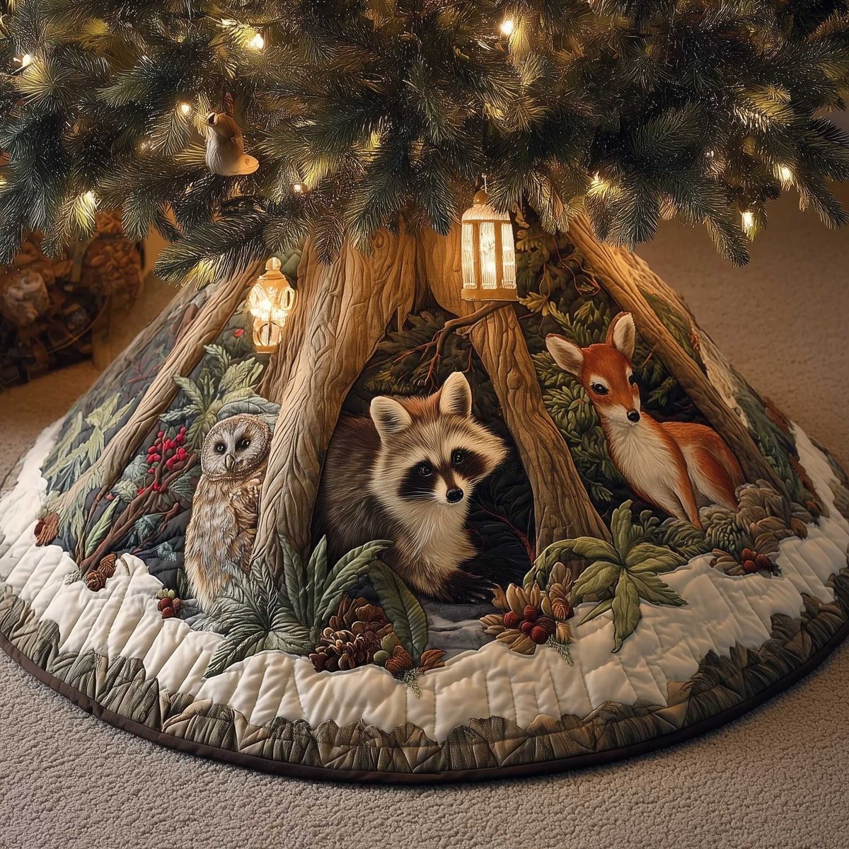 Raccoon Owl and Deer in the Hollow Christmas Tree Skirt - Made to Order TREEK101