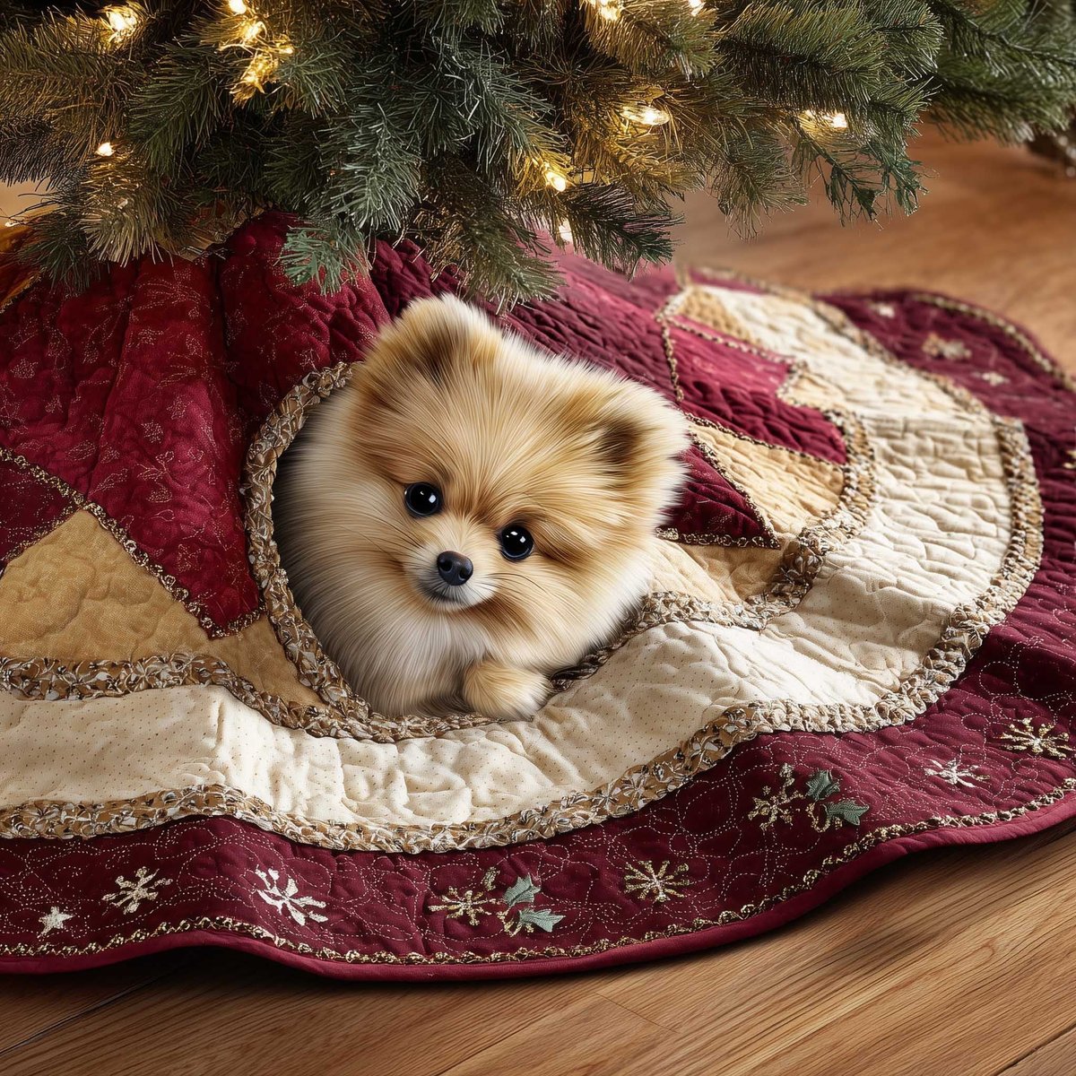 Fluffy Pomeranian on the Snowflake Quilt Christmas Tree Skirt - Made to Order TREEK101