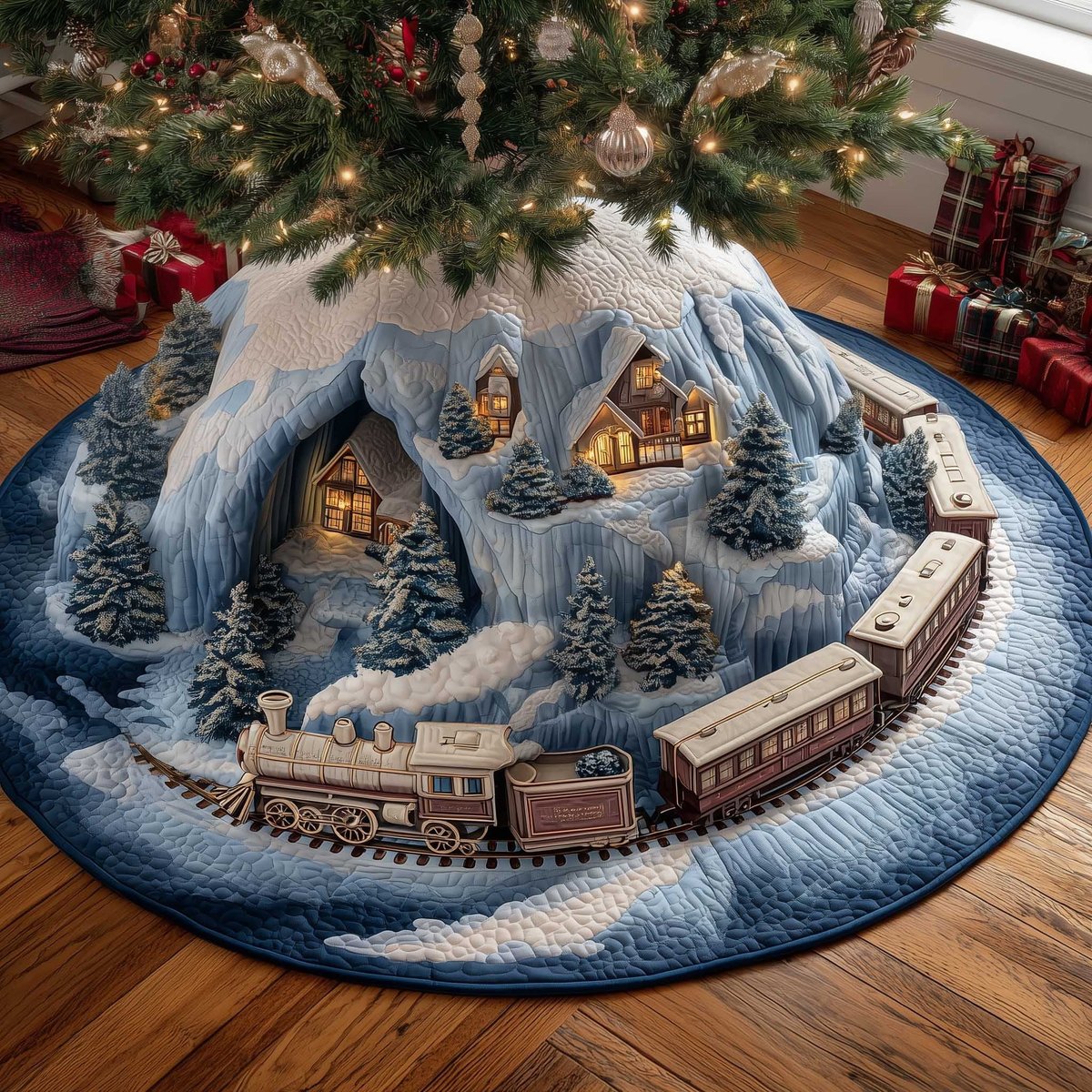 Train and Village in the Snow Tunnel Christmas Tree Skirt - Made to Order TREEK101