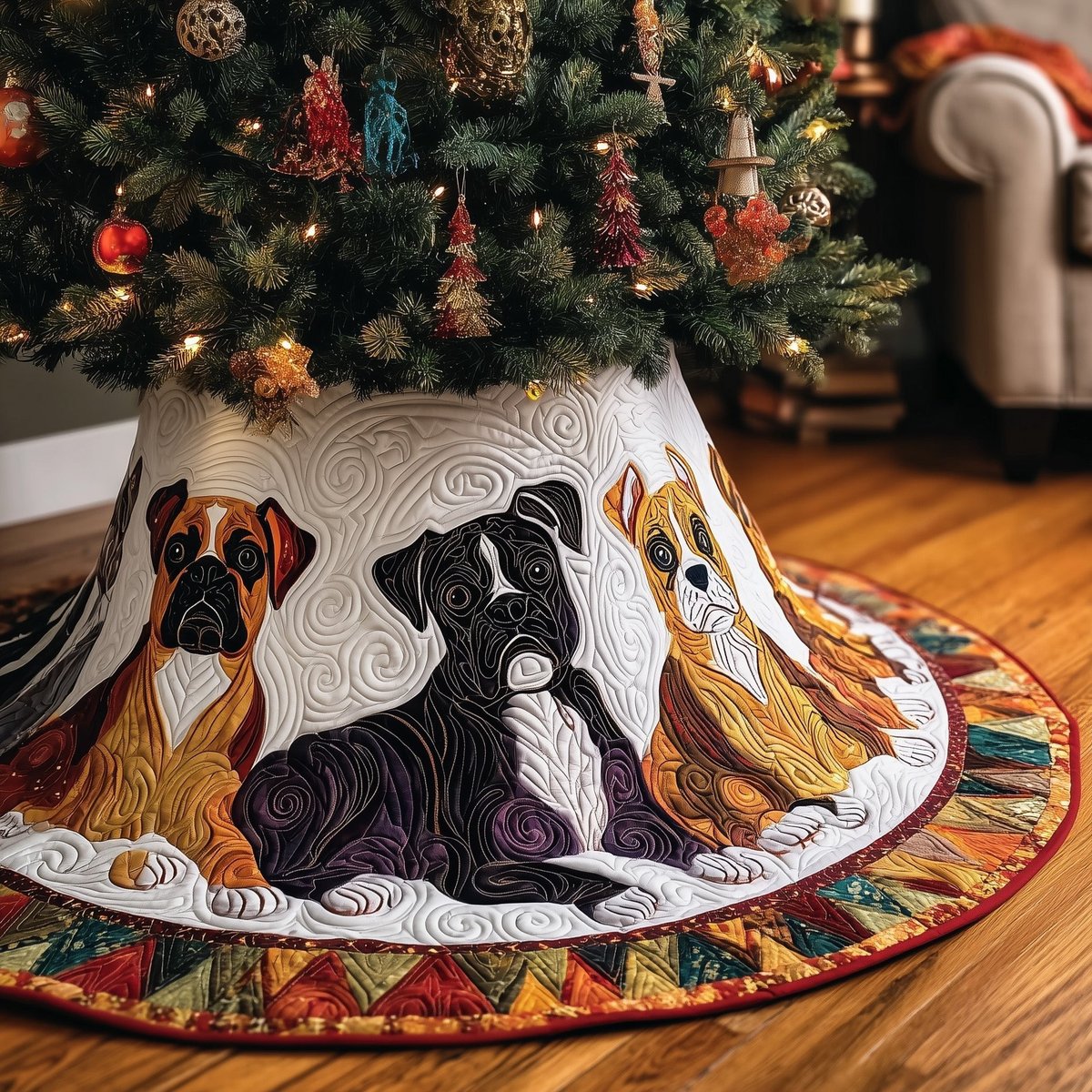 Black and Fawn Boxers Fiery Colors Christmas Tree Skirt - Made to Order TREEK101