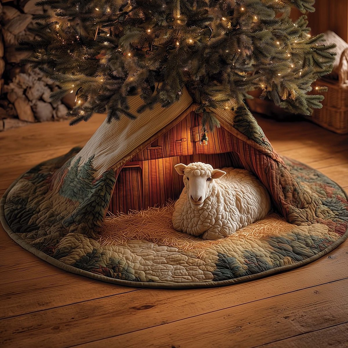 Sheep Resting in the Barn Doorway Christmas Tree Skirt - Made to Order TREEK101
