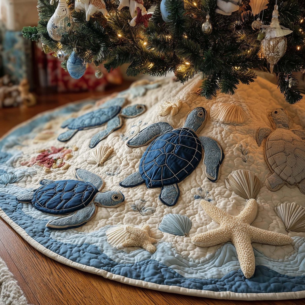 Blue Turtles on the Pale Sand Christmas Tree Skirt - Made to Order TREEK101