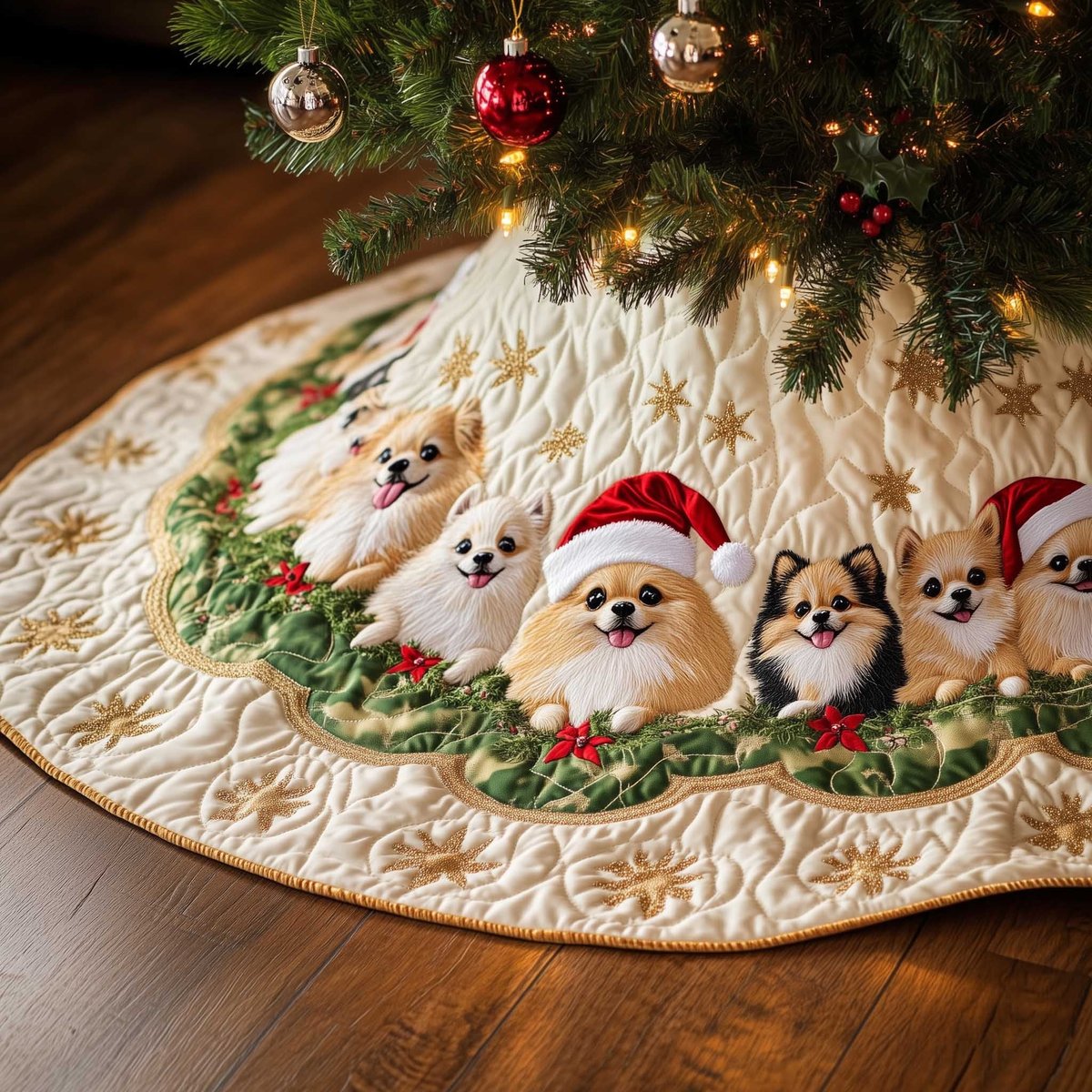 Pomeranians in Santa Hats with Holly Christmas Tree Skirt - Made to Order TREEK101