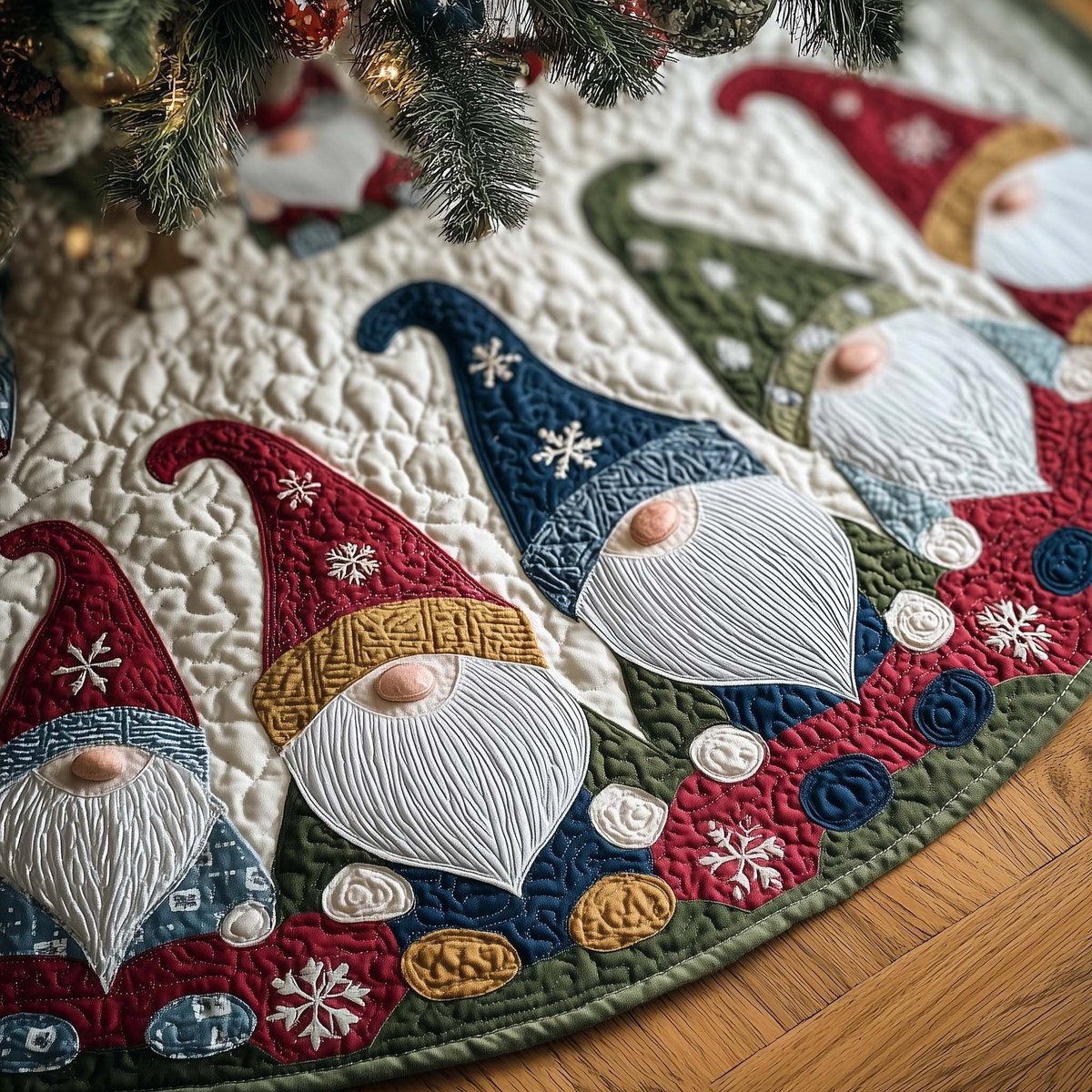 Gnomes in Blue and Red Snowflake Hats Christmas Tree Skirt - Made to Order TREEK101