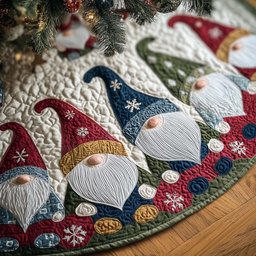Gnomes in Blue and Red Snowflake Hats Christmas Tree Skirt - Made to Order TREEK101