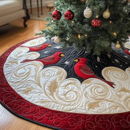 Cardinals Above the Red Swirl Border Christmas Tree Skirt - Made to Order TREEK101