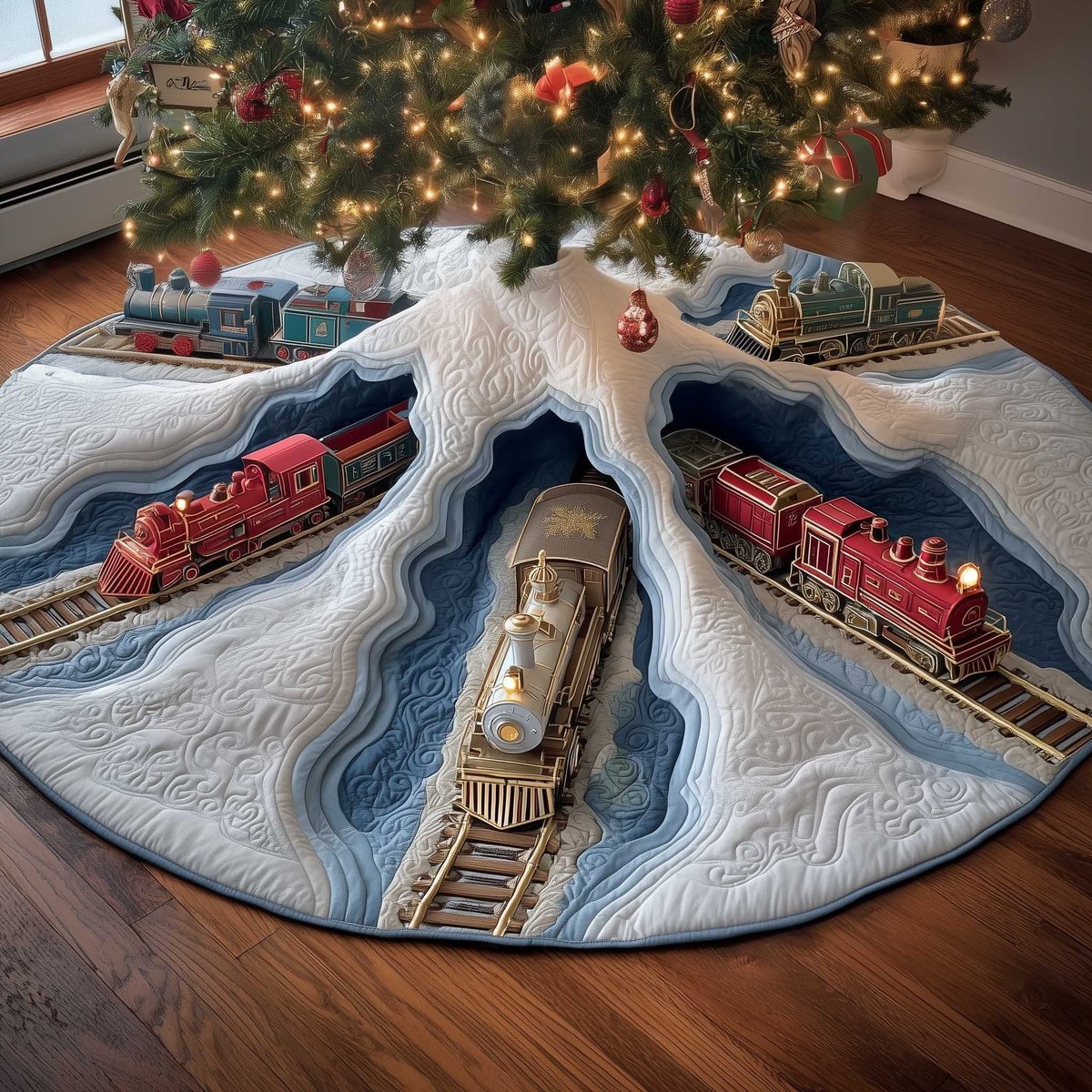 Trains on the White Snow Slopes Christmas Tree Skirt - Made to Order TREEK101