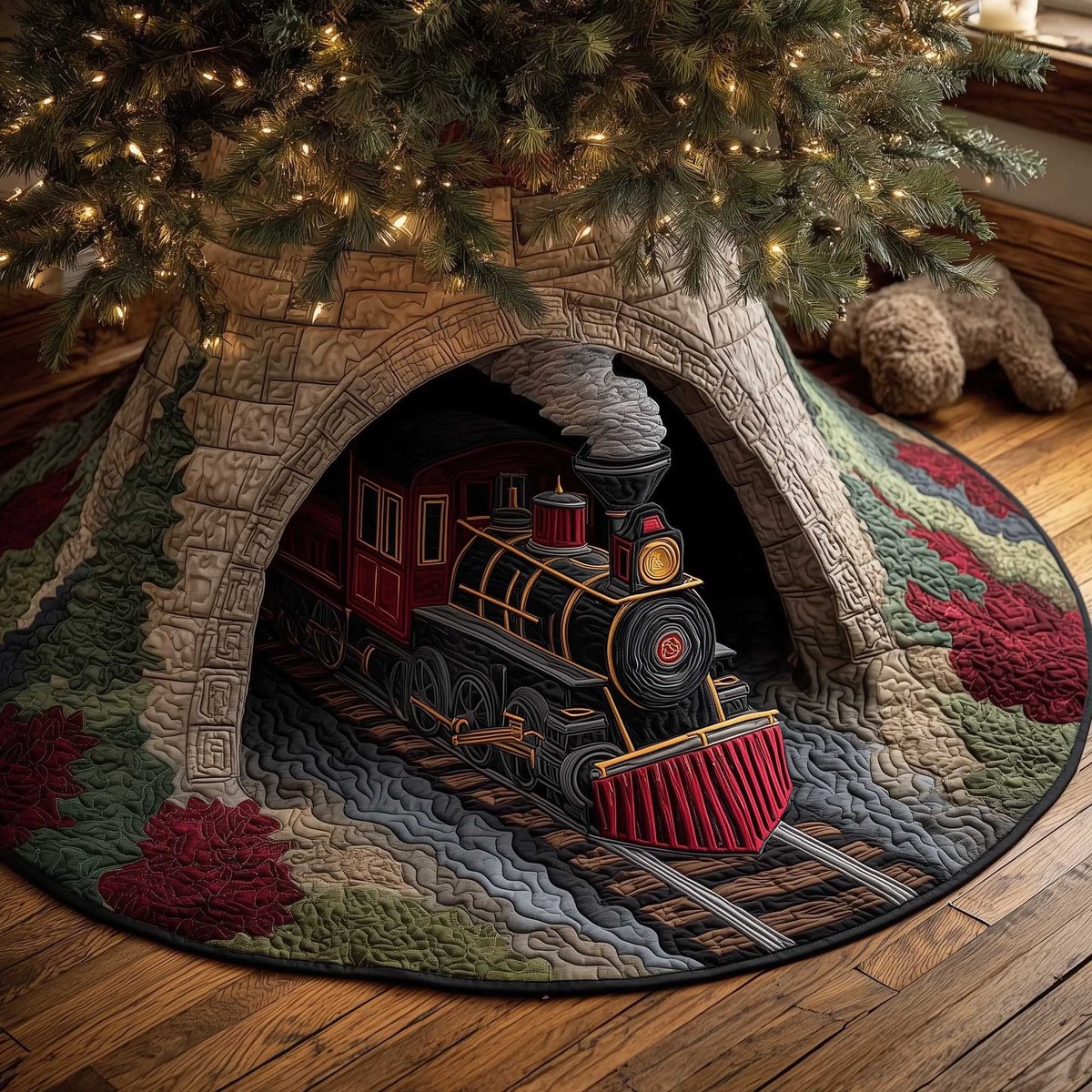 Train Through the Stone Tunnel Christmas Tree Skirt - Made to Order TREEK101