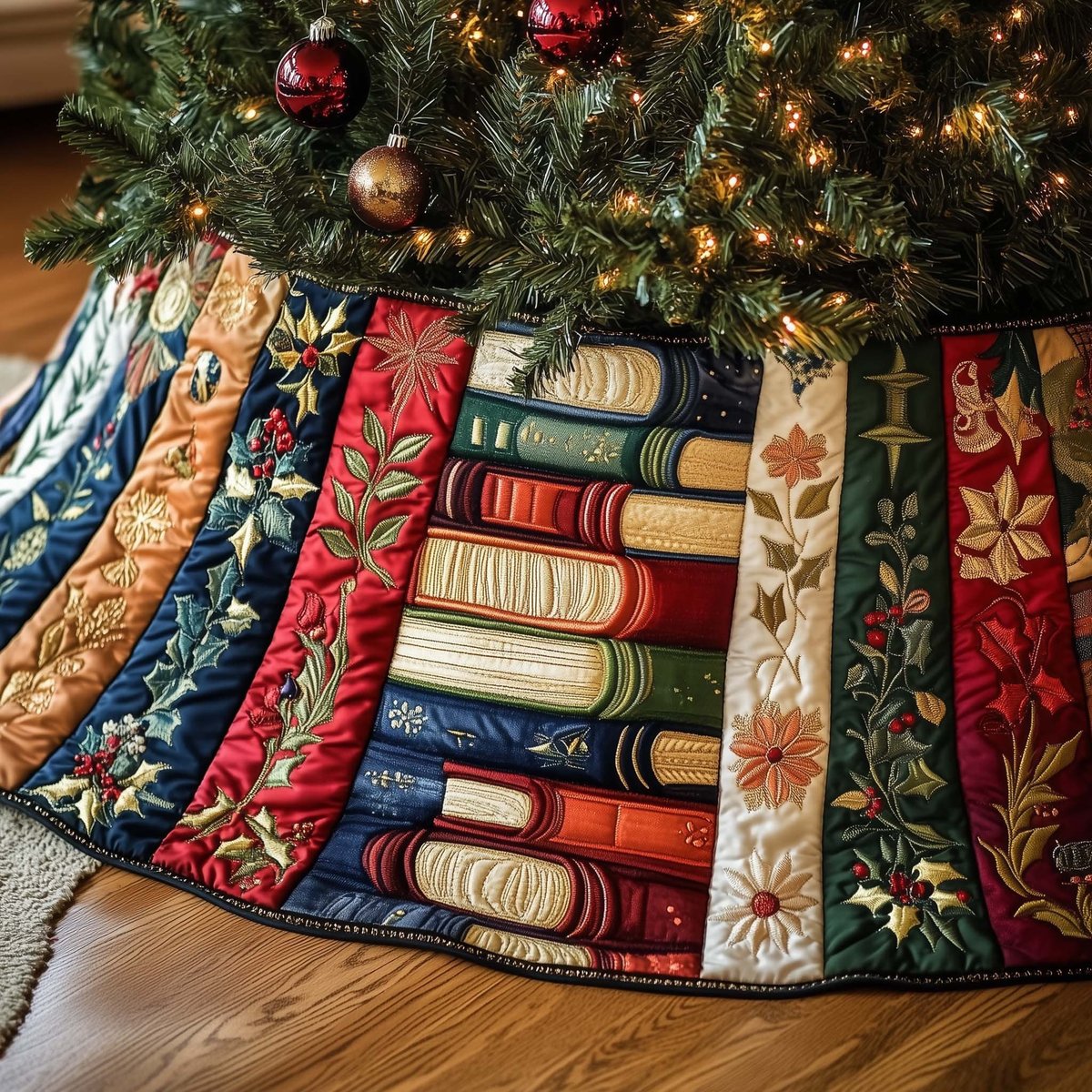 Stacked Books with Green Foliage Christmas Tree Skirt - Made to Order TREEK101